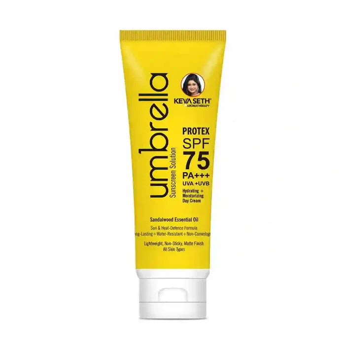 Umbrella Sunscreen Solution Protex SPF 75 Broad Spectrum Protection, Hydrating, No White Cast, Lightweight Matte Finish with Sandalwood Oil - Keya Seth Aromatherapy