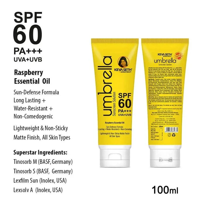 Umbrella Sunscreen Solution SPF 60, Broad Spectrum Protection, No White Cast, Lightweight Matte Finish with Raspberry Oil - Keya Seth Aromatherapy