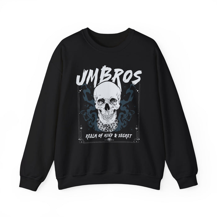 thtgrlreads crewneck from the Kindred's Curse Saga collection featuring a vintage-washed black Comfort Colors sweatshirt with a bold graphic of a skull and "UMBROS" text in white, perfect for fans of romantasy and official book merch.