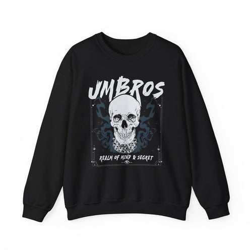 thtgrlreads crewneck from the Kindred's Curse Saga collection featuring a vintage-washed black Comfort Colors sweatshirt with a bold graphic of a skull and "UMBROS" text in white, perfect for fans of romantasy and official book merch.