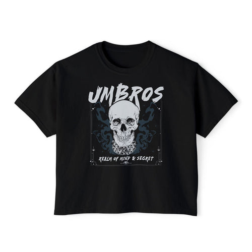 Black vintage wash Comfort Colors cropped t-shirt from thtgrlreads featuring a graphic skull design with "UMBROS" and "Realm of Mind & Secret" text, part of the Kindred's Curse Saga collection.