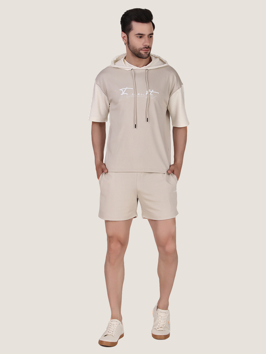 Unisex Ecru Colourblock Half Sleeve Co-Ord Set