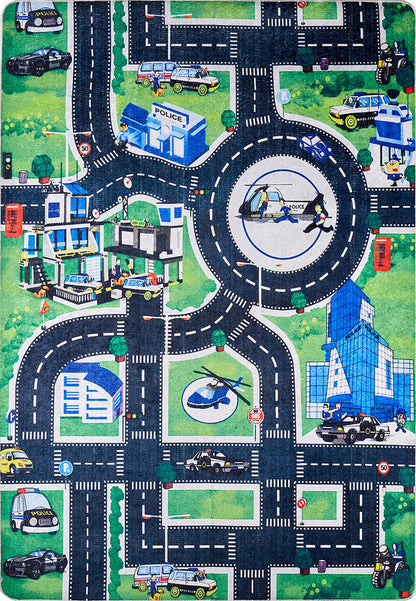The Urban Road - Machine-Washable Rug JRC013 features a colorful city with roads, vehicles, signs, buildings, and grassy spots—perfect for kids to play with toy cars on this vibrant cityscape.