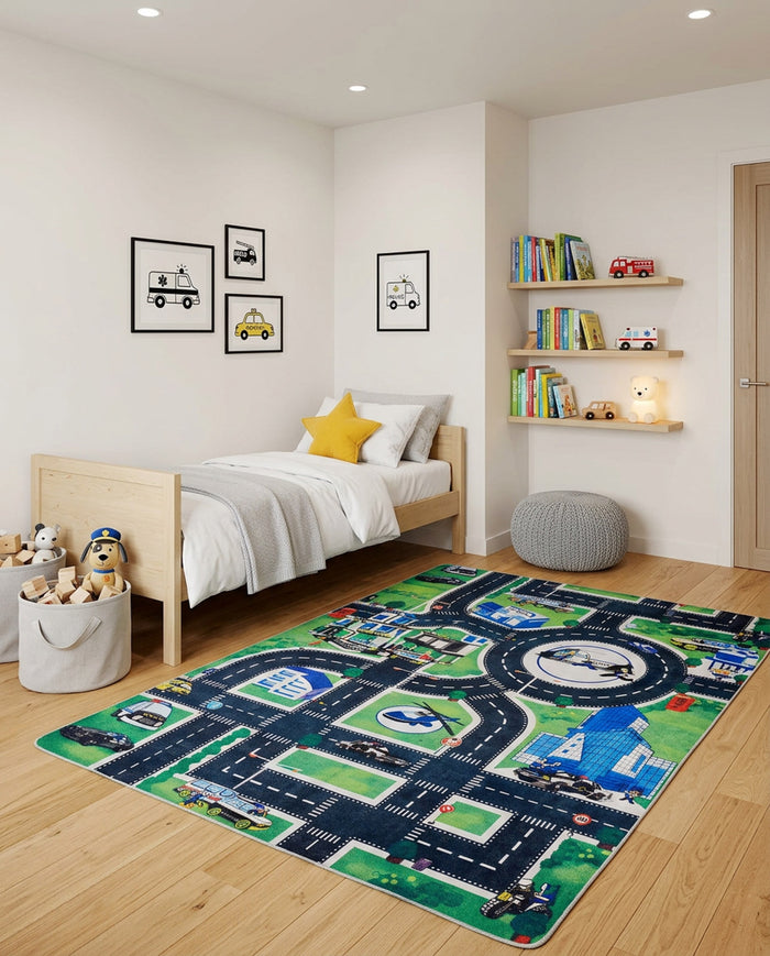 Children's rug featuring a city road map with vehicles and buildings, styled in a modern bedroom.