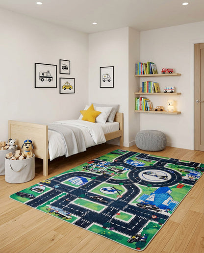 Children's rug featuring a city road map with vehicles and buildings, styled in a modern bedroom.