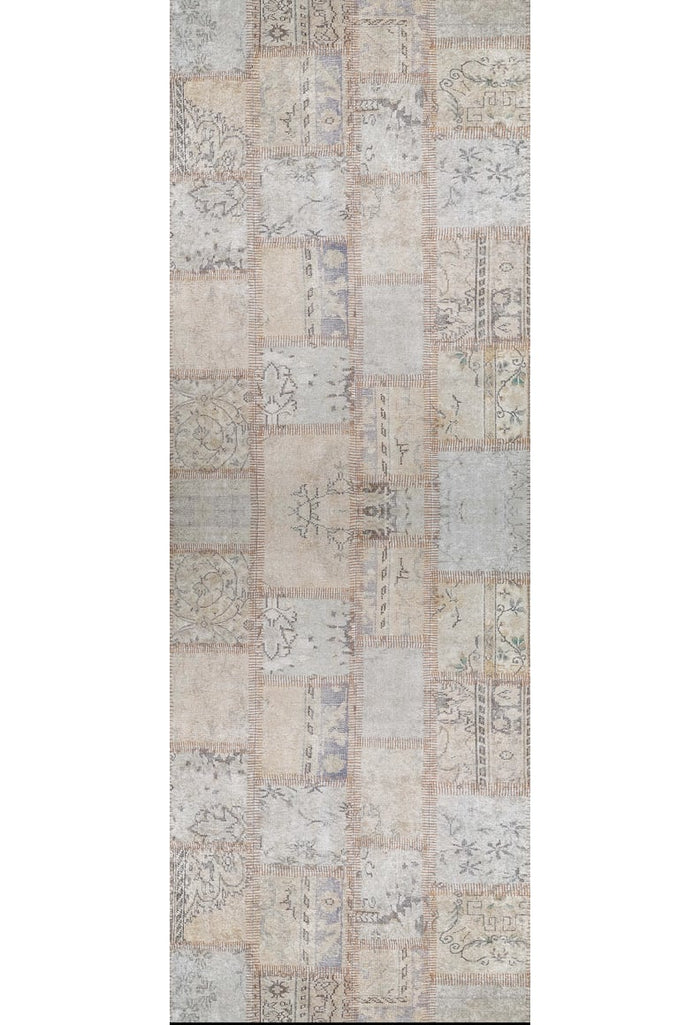 The Urban Utopia - Washable Rug - JR1957 is a rectangular flat weave rug with a vintage patchwork design, featuring ornate floral and geometric patterns in muted cream, beige, gray, blue, and light brown tones. Distressed for easy-care style.