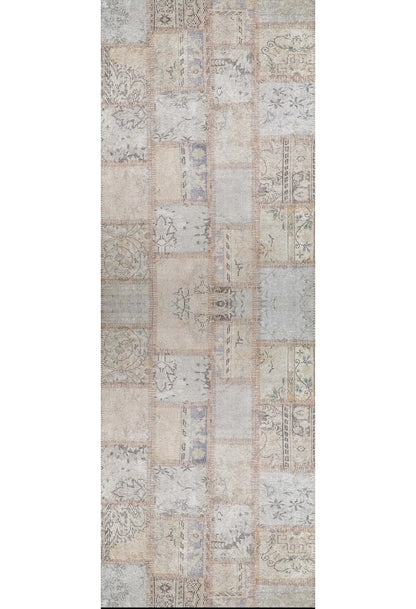 The Urban Utopia - Washable Rug - JR1957 is a rectangular flat weave rug with a vintage patchwork design, featuring ornate floral and geometric patterns in muted cream, beige, gray, blue, and light brown tones. Distressed for easy-care style.