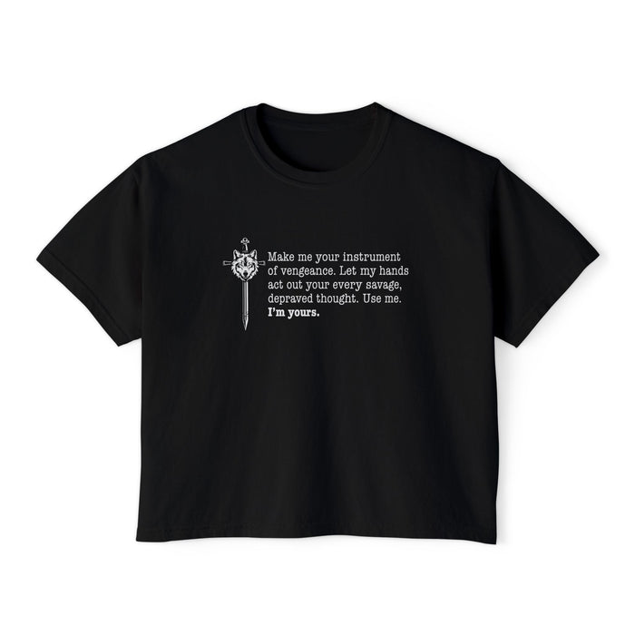 Black cropped Comfort Colors tee from thtgrlreads featuring vintage white text in typewriter font with a gothic heart and dagger graphic, part of Wolves of Ruin and Tees collections.