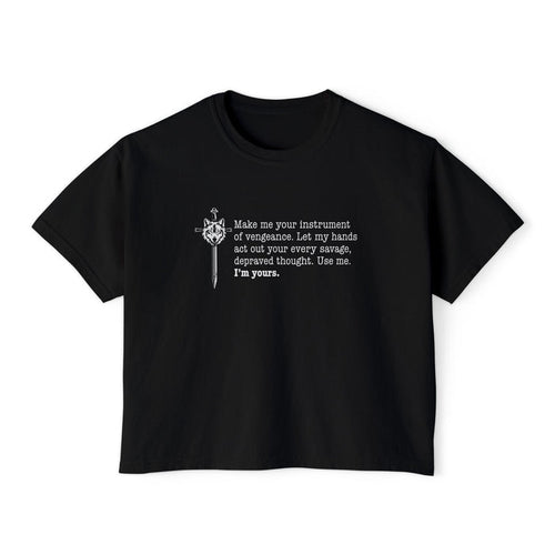 Black cropped Comfort Colors tee from thtgrlreads featuring vintage white text in typewriter font with a gothic heart and dagger graphic, part of Wolves of Ruin and Tees collections.