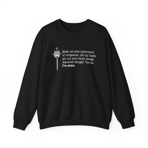 Thtgrlreads Wolves of Ruin collection oversized crewneck sweatshirt in black with white vintage-style printed quote and dagger graphic, soft Comfort Colors fabric.