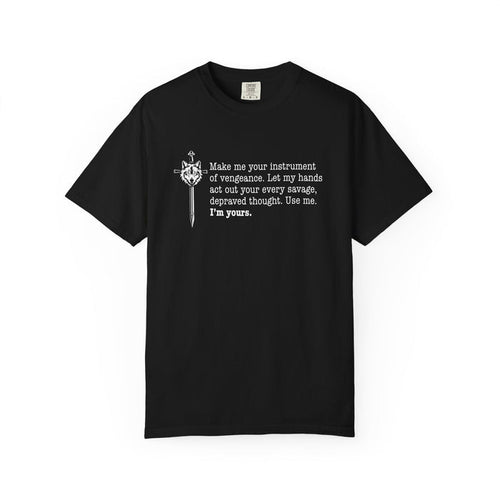 A vintage wash Comfort Colors black graphic tee from thtgrlreads featuring white printed text with a dagger illustration, inspired by the Wolves of Ruin collection.