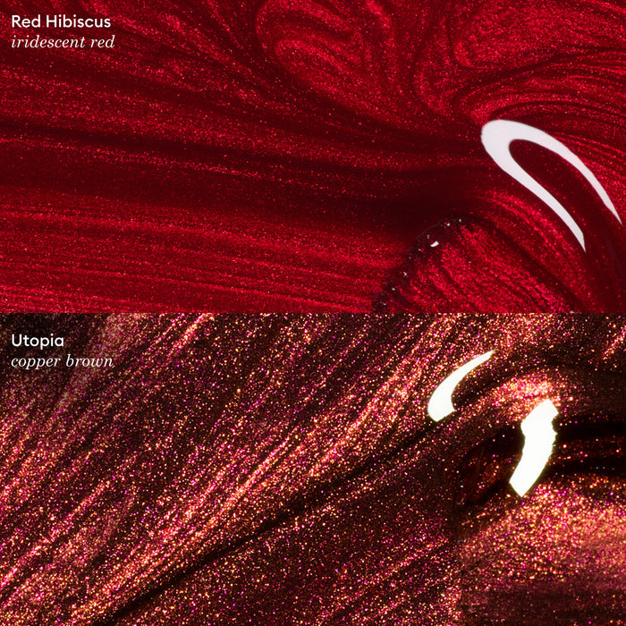 Close-up of two shimmering Manucurist gel polish swatches: top is iridescent crimson labeled Red Hibiscus, bottom is copper brown with red sparkles labeled Utopia. Both have swirled, glossy textures and visible reflections.