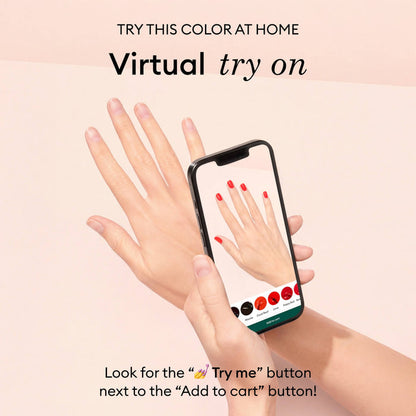 A hand holds a smartphone with Manucurist’s virtual manicure app, displaying the Utopia gel polish shade on a digital hand matching the real one. Text invites you to try Utopia nail color virtually before you buy.