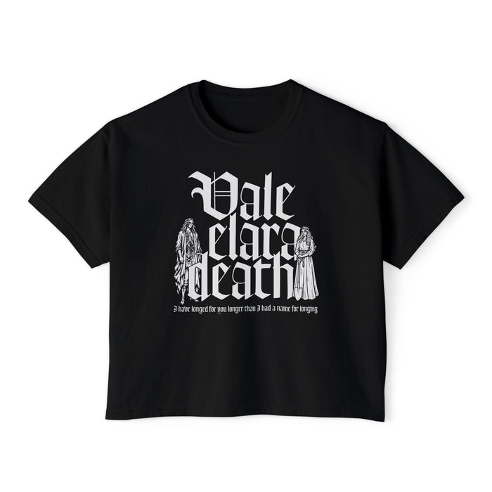 A black vintage wash Comfort Colors cropped t-shirt from thtgrlreads featuring gothic script text and detailed character illustrations, part of the Liv Zander Tees collection.
