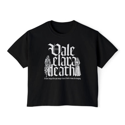 A black vintage wash Comfort Colors cropped t-shirt from thtgrlreads featuring gothic script text and detailed character illustrations, part of the Liv Zander Tees collection.