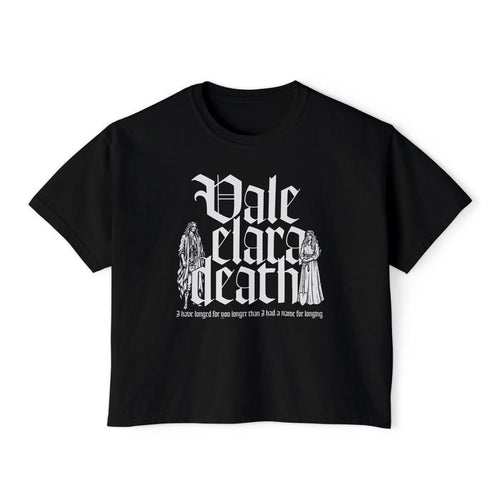 A black vintage wash Comfort Colors cropped t-shirt from thtgrlreads featuring gothic script text and detailed character illustrations, part of the Liv Zander Tees collection.