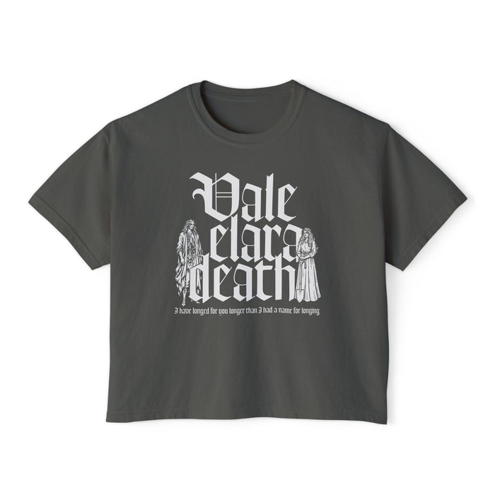Thtgrlreads Liv Zander collection features this vintage wash Comfort Colors charcoal cropped tee with gothic script text and fantasy romance inspired figure graphics from the "Tees" line.