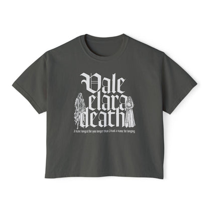 Thtgrlreads Liv Zander collection features this vintage wash Comfort Colors charcoal cropped tee with gothic script text and fantasy romance inspired figure graphics from the "Tees" line.
