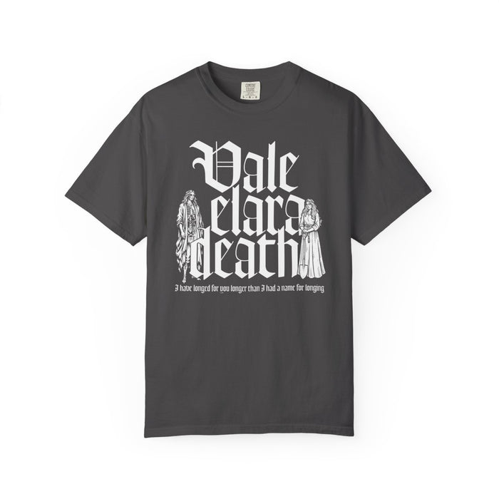Thtgrlreads Liv Zander collection Comfort Colors graphic tee featuring vintage wash charcoal fabric with white gothic script "Vale Elara Death" and illustrated characters, perfect for fans of Romantasy book merch.