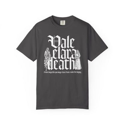 Thtgrlreads Liv Zander collection Comfort Colors graphic tee featuring vintage wash charcoal fabric with white gothic script "Vale Elara Death" and illustrated characters, perfect for fans of Romantasy book merch.