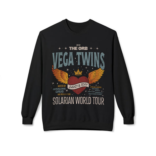 Officially licensed Zodiac Academy crewneck sweatshirt by thtgrlreads featuring vintage-wash Comfort Colors fabric and a retro graphic print celebrating the Vega Twins Solarian World Tour.
