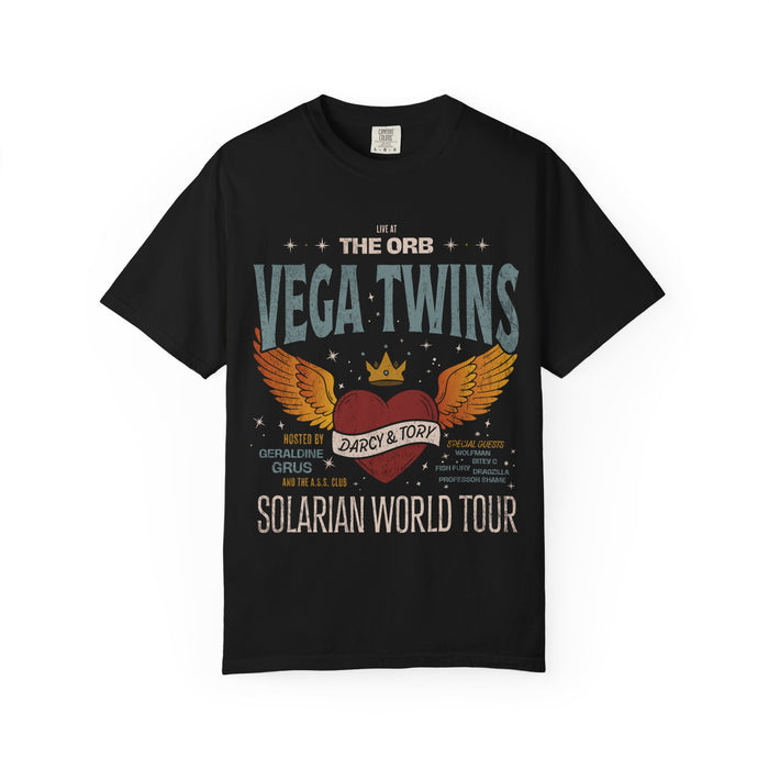 Comfort Colors graphic tee from thtgrlreads featuring a vintage wash black base with a bold retro-style "Vega Twins" winged heart and crown print, part of the Zodiac Academy collection.