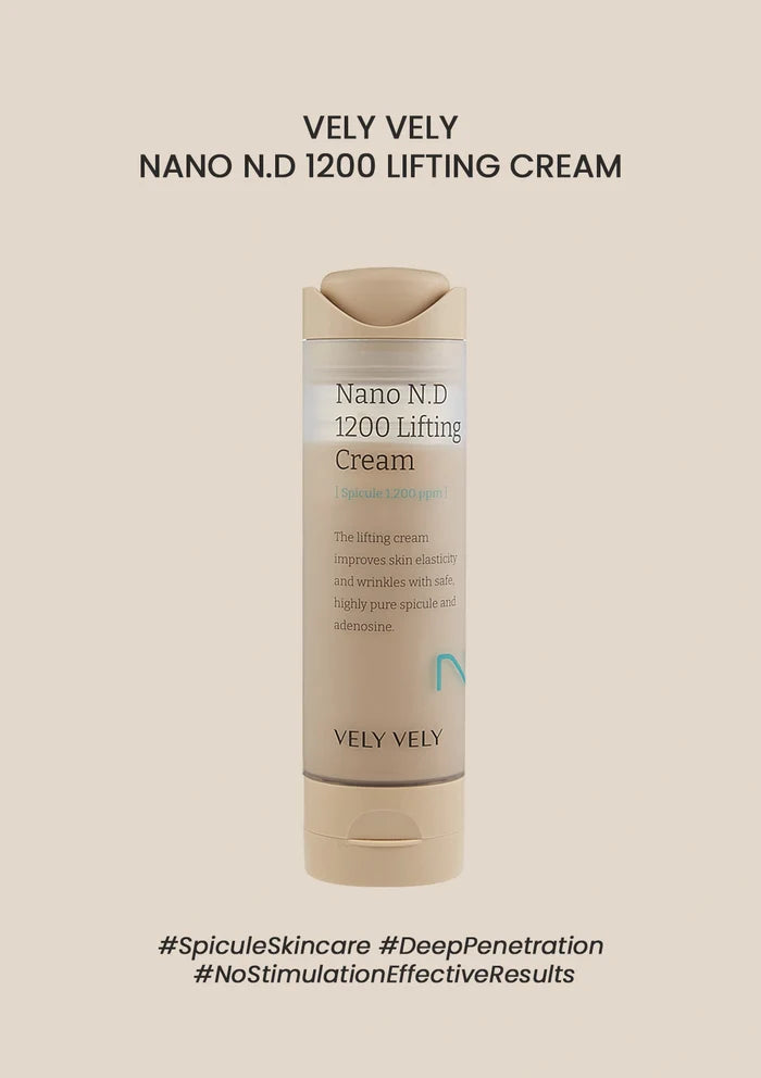 Vely Vely Nano N.D 1200 Lifting Cream bottle on a beige background