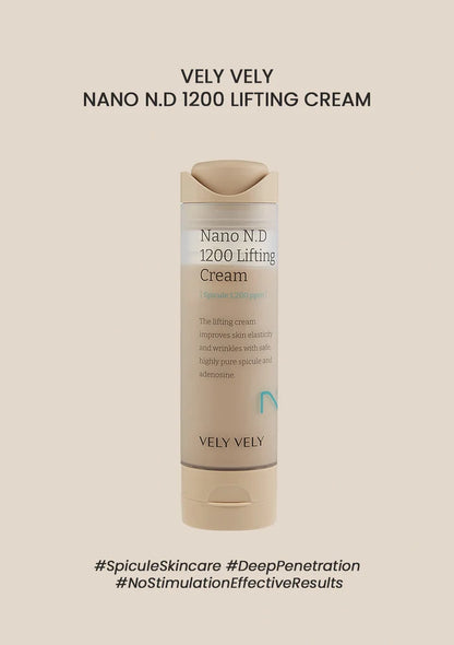 Vely Vely Nano N.D 1200 Lifting Cream bottle on a beige background