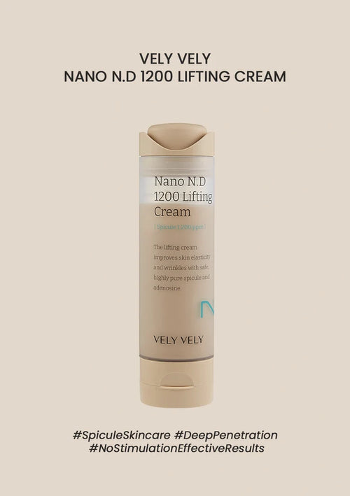 Vely Vely Nano N.D 1200 Lifting Cream bottle on a beige background