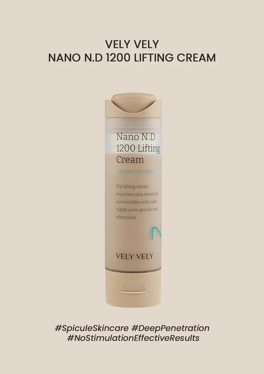 Vely Vely Nano N.D 1200 Lifting Cream bottle on a beige background
