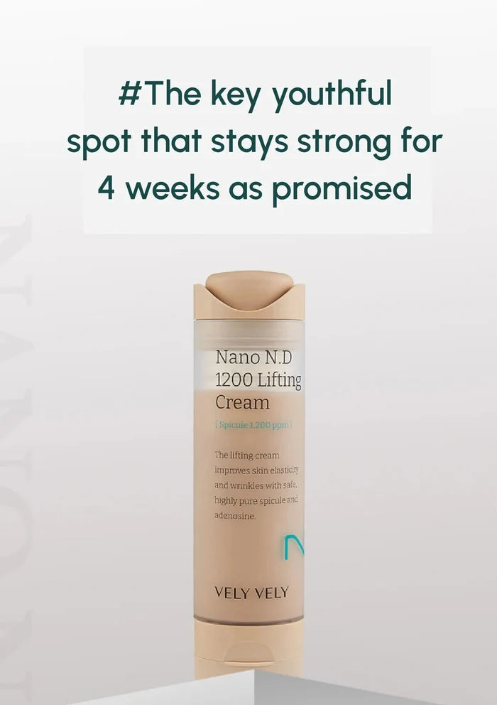 Vely Vely Nano N.D 1200 Lifting Cream bottle on a white background with promotional text.