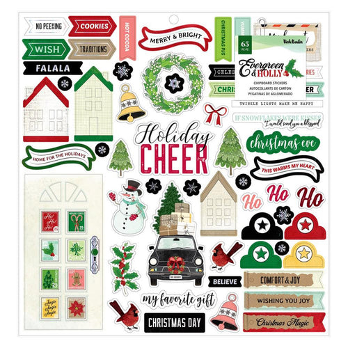 Vicki Boutin - Chipboard Stickers 12"X12" - Evergreen & Holly - Icons & Phrase. Stickers add the perfect finishing touch to your paper projects. A whimsical accent or add elegant polish to scrapbook pages, greeting cards, mixed media and more. Available at Embellish Away located in Bowmanville Ontario Canada.