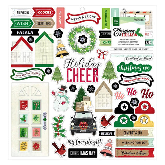 Vicki Boutin - Chipboard Stickers 12"X12" - Evergreen & Holly - Icons & Phrase. Stickers add the perfect finishing touch to your paper projects. A whimsical accent or add elegant polish to scrapbook pages, greeting cards, mixed media and more. Available at Embellish Away located in Bowmanville Ontario Canada.