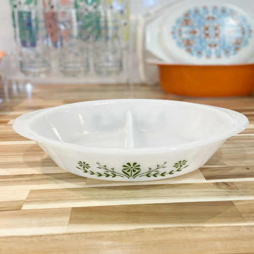 Vintage MCM Glasbake Green Flowers Divided Casserole Dish