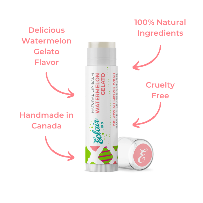 Lip balm tube with Watermelon Gelato label and a loose cap.