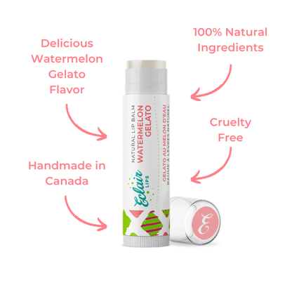 Lip balm tube with Watermelon Gelato label and a loose cap.
