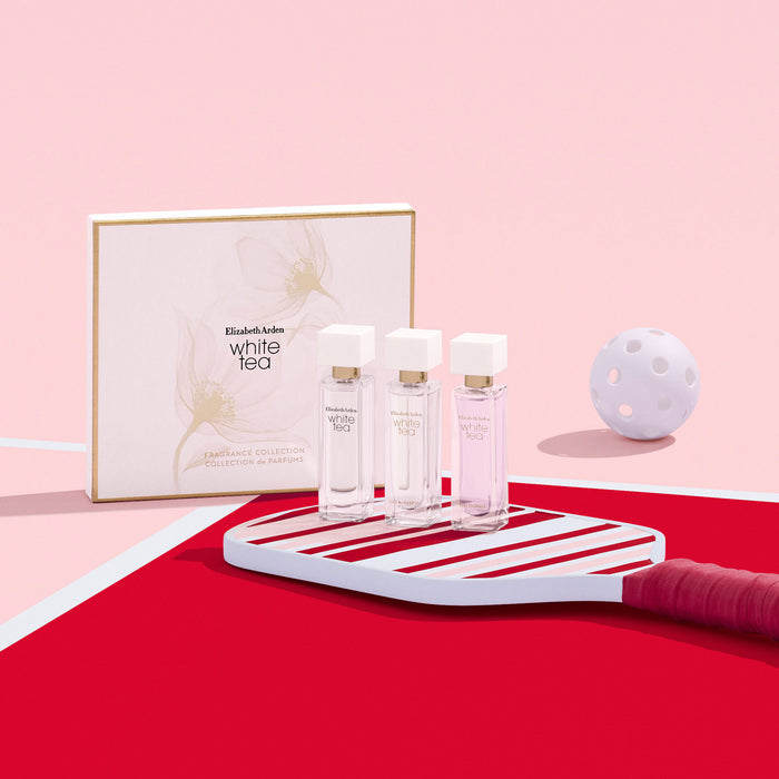 White Tea Fragrance Collection Mini Coffret with pickleball background