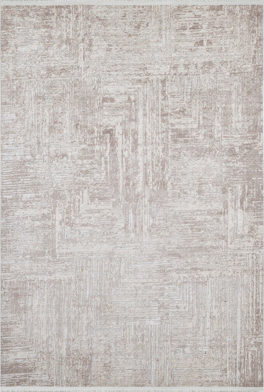 The Wildflower Fields - Washable Rug - JR1632 features a neutral flat weave with a subtle geometric pattern in beige and off-white tones, offering a slightly distressed texture. Stylish and convenient, this rug is easy to wash for effortless upkeep.