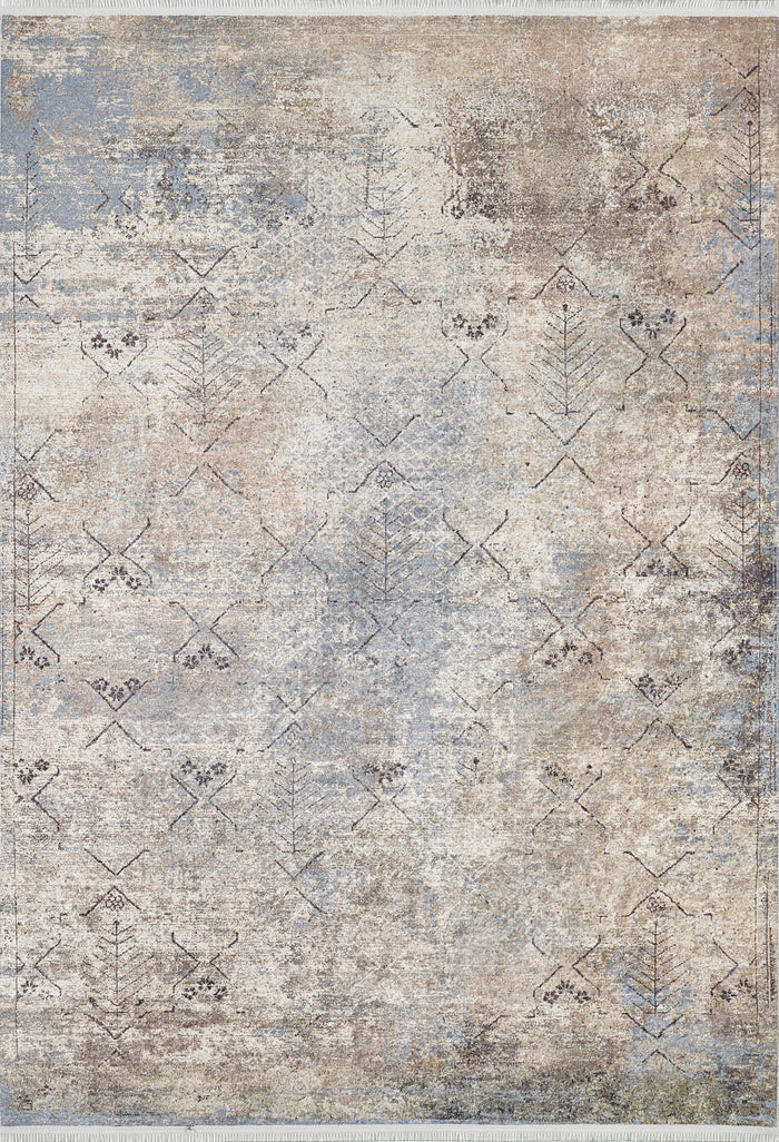 The Windowpane Trellis Washable Rug (JR1663) features a textured, distressed beige, taupe, and blue design with subtle geometric lines—ideal for high-traffic spaces and easy to clean.