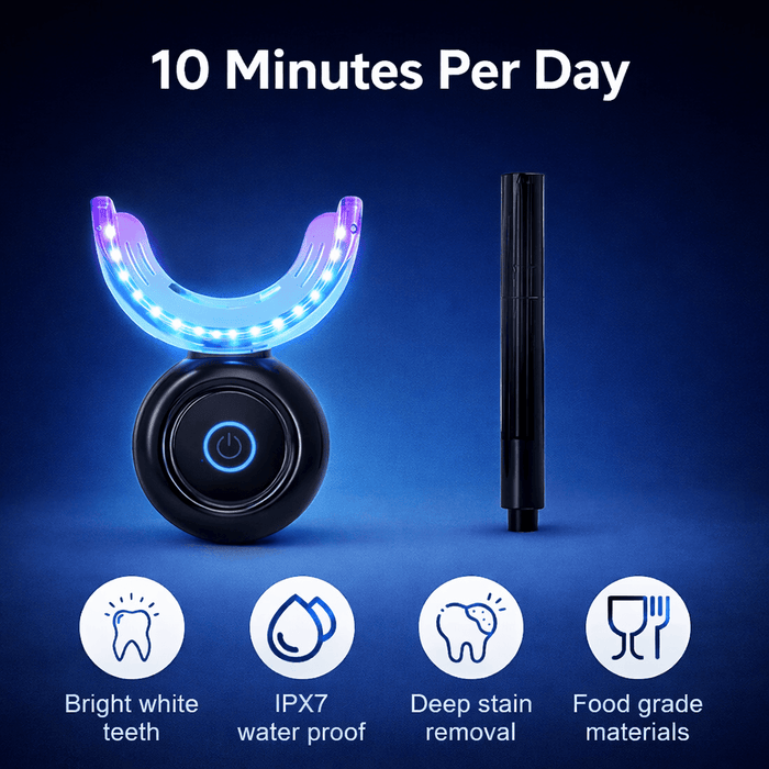 Wireless LED teeth whitening kit with LED mouth tray, charger, and whitening pens for fast at-home teeth whitening.