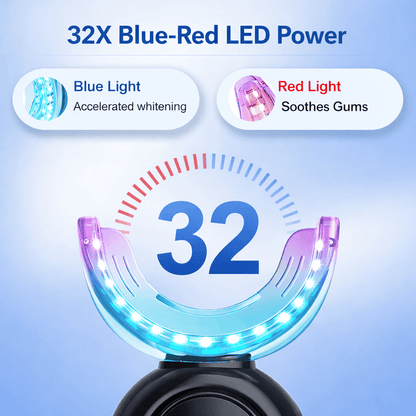 At-home LED teeth whitening kit with dual-light mouth tray, two whitening pens and charging base