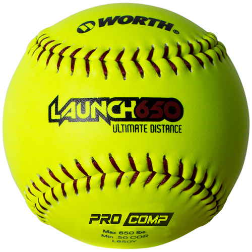 The Worth Launch 650 Ultimate Distance 12" 50/650 Composite Slowpitch Softball (L650Y) features a bright yellow cover, red stitching, and displays "Worth", "Launch 650", and specs like Max 650 lbs and .50 COR—ideal for home run derby or slowpitch games.
