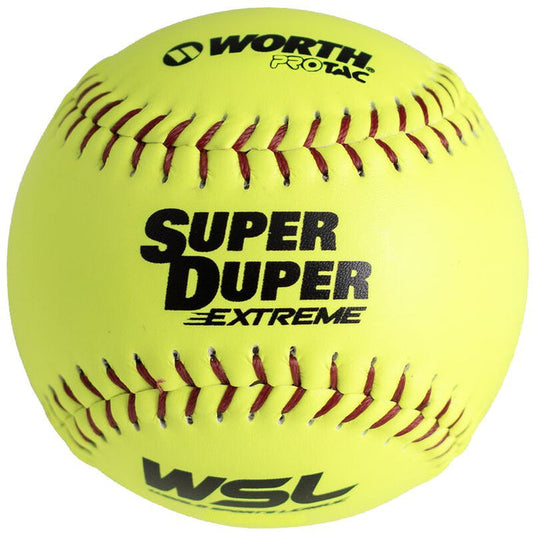 The Worth WSL Super Duper Extreme 12" 44/375 Composite Slowpitch Softball (MLSDM12C) features bright yellow cover, red stitching, and black printed logos—perfect for those who need official Worth slowpitch softballs for WSL play.