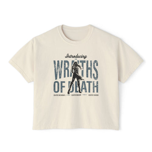 thtgrlreads vintage wash Comfort Colors cropped t-shirt featuring a distressed graphic text "WRATHS OF DEATH" with a silhouette of a figure, inspired by fantasy romance themes.