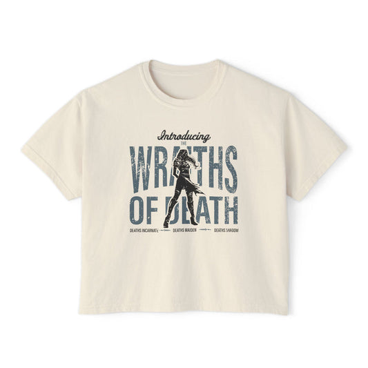 thtgrlreads vintage wash Comfort Colors cropped t-shirt featuring a distressed graphic text "WRATHS OF DEATH" with a silhouette of a figure, inspired by fantasy romance themes.