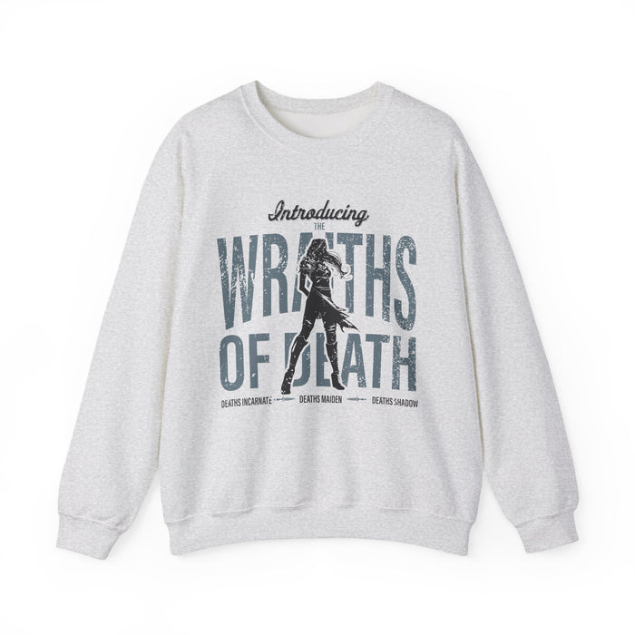 Thtgrlreads oversized crewneck sweatshirt from Lady of Darkness & Legacy Series featuring vintage wash and graphic text "Wraiths of Death" with a dark fantasy silhouette, part of official licensed bookish apparel.
