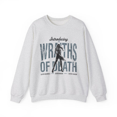 Thtgrlreads oversized crewneck sweatshirt from Lady of Darkness & Legacy Series featuring vintage wash and graphic text "Wraiths of Death" with a dark fantasy silhouette, part of official licensed bookish apparel.