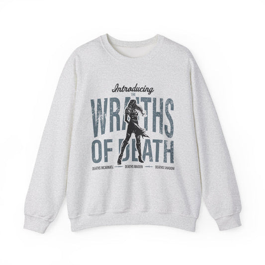 Thtgrlreads oversized crewneck sweatshirt from Lady of Darkness & Legacy Series featuring vintage wash and graphic text "Wraiths of Death" with a dark fantasy silhouette, part of official licensed bookish apparel.