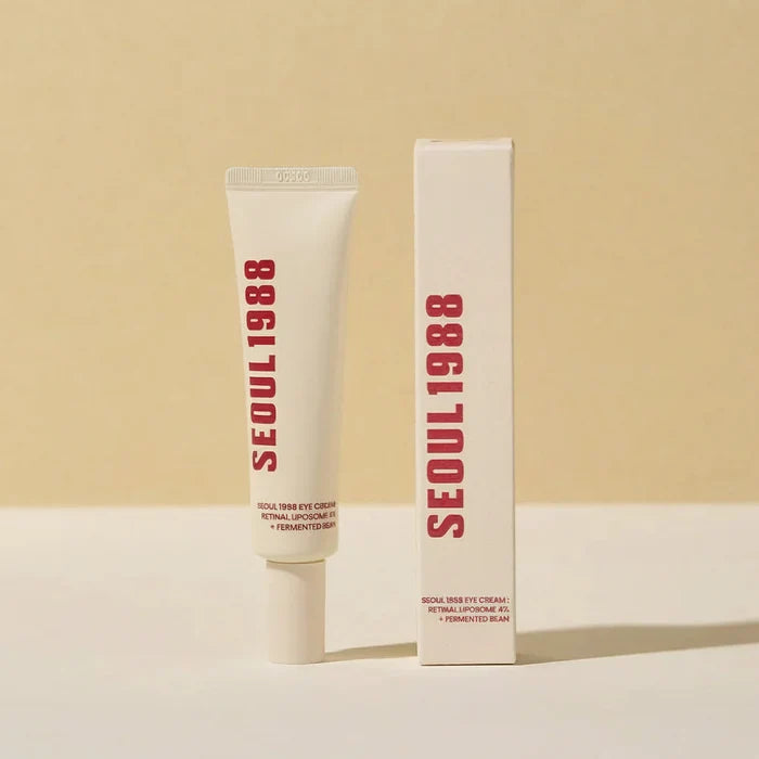 SEOU 1988 eye cream tube and packaging on a beige background