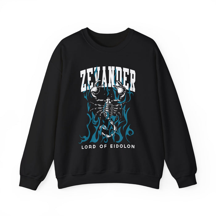 Thtgrlreads oversized crewneck sweatshirt from The Eating Woods collection featuring vintage wash black Comfort Colors fabric with bold graphic print saying "Zevander" and "Lord of Eidolon.
